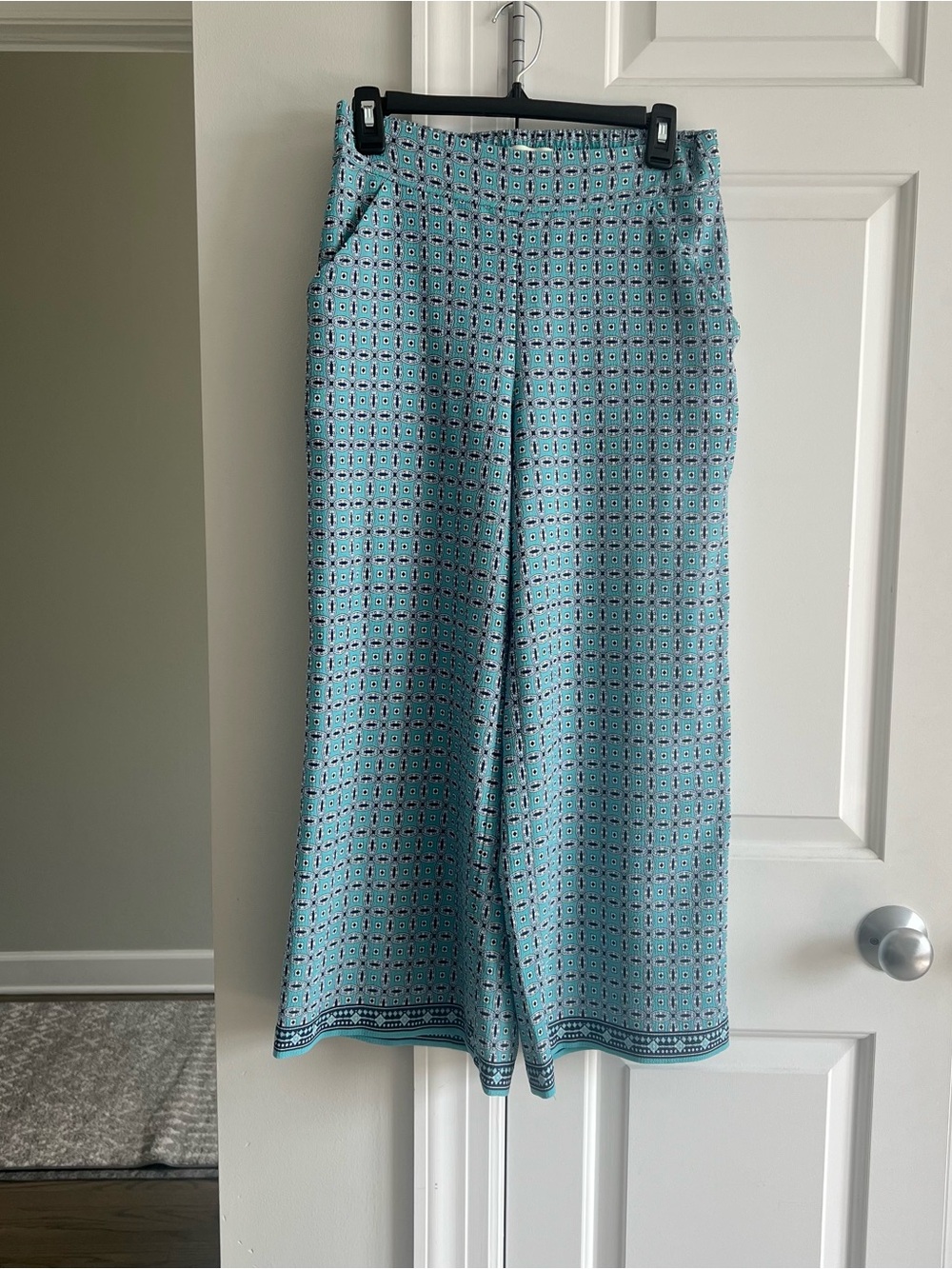 Crop Wide Leg Pants Blue Teal Pattern Flowy Medium Max Studio Boho Chic Coastal